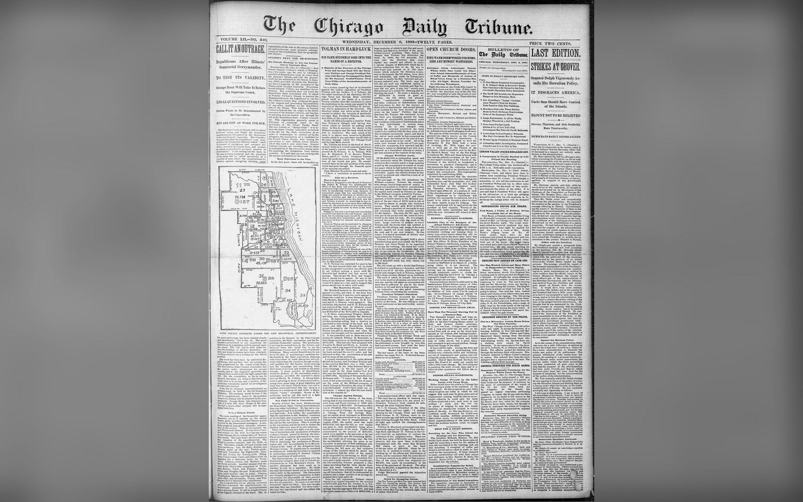 Front page of the Chicago Daily Tribune with dense columns of text and a small map graphic